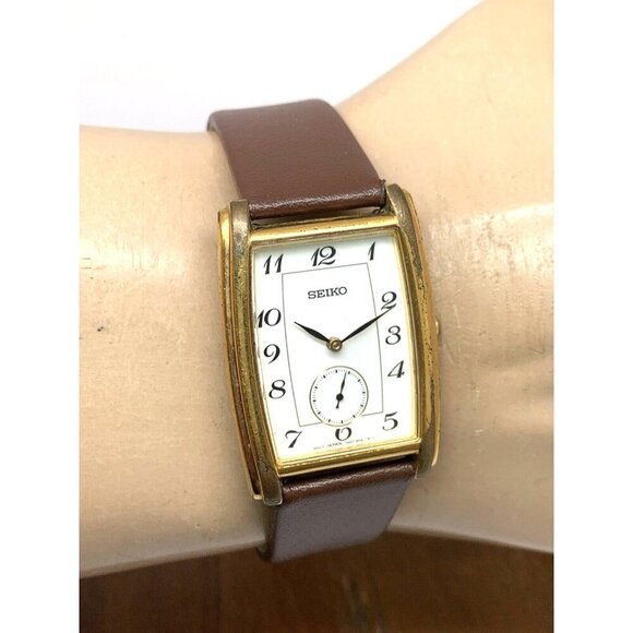 Seiko Men's Watch 7N07-5019 Tank Vintage Quartz White Dial Gold Brown Leather - Picture 10 of 13